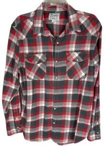 Lucky Brand Mens Top Shirt M Cream Red Gray Plaid Western Pearlized Snap Front - Picture 1 of 4
