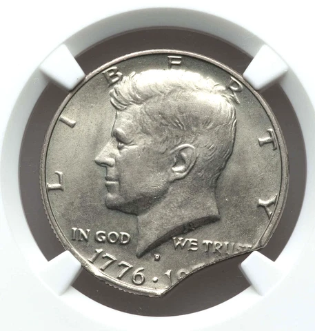 1776 1976-D 10% Curved Clip Error NGC MS61 Kennedy Half Dollar Neat Mint Error Cover