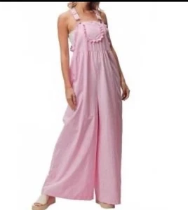BiBi Pink Lace Wide Leg Micheline Babydoll Cottagecore Barbie Overalls Large - Picture 1 of 13