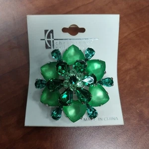 Large Christina Collection Beautiful Green Rhinestone Flower Brooch 2 In. In  - Picture 1 of 6