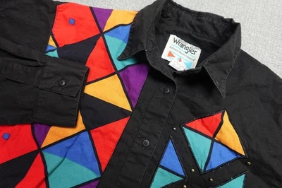 Vintage Wrangler Shirt Mens Medium Black Colorblock Western Geometric 90s Retro - Image 1 of 4