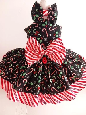 DOG HARNESS DRESS W/ MATCHING HAIR BOW CANDY CANES  FREE SHIPPING - Image 1 of 3