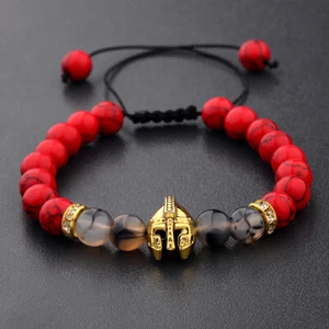 8mm Fashion Red Turquoise Gold Spartan Helmet Handmade Adjustable Men Bracelets - Picture 1 of 9