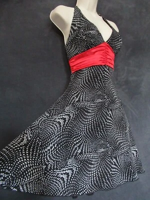 Ruby Rox Rockabilly Black White Atomic Circle Dot Red Satin Halter Mini Dress S - Image 1 of 4