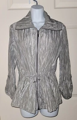 Silver Crinkled Adirondack Jacket By Ruby Rd. Sz 8. Roll Sleeves. Shawl Collar.  - Image 1 of 4