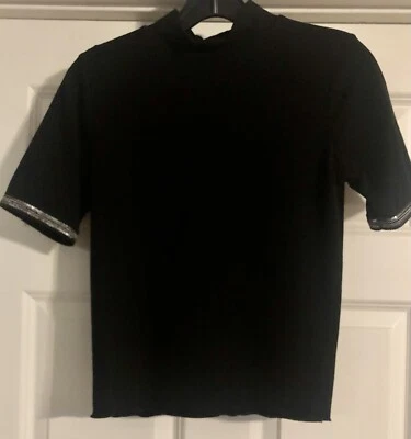 Pullover ZARA Clásico Con Cuentas Manga Corta Cuello Simulado Talla S Negro Tejido  Foto 1 de 4