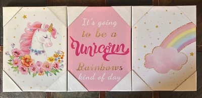 DESIHOM Pink Unicorn Canvas Wall Art Set of 3 - Image 1 of 4