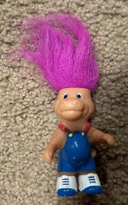 Small PVC Orange Dinosaur Troll Figure Pink Hair Overall Bibs Sneakers - Picture 1 of 4