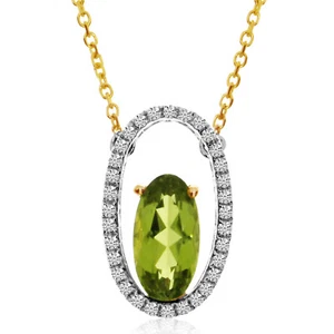 14K Two Toned Oblong Peridot and Diamond Pendant with 18" Chain - Picture 1 of 3