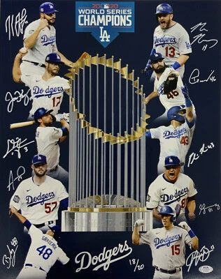 18/20 DODGERS 2020 WORLD SERIES 16X20 PHOTO WITH 10 AUTOGRAPHS MUNCY TAYLOR PSA - Image 1 of 4