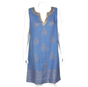 SOFT SURROUNDINGS Blue Gold Sequin Neckline Sleeveless Linen Dress sz M /129 - Picture 1 of 8