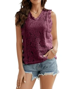 L- Womens Sexy Sleeveless V Neck Cropped Hollow Out Loose Lace Tank Tops Tunic - Picture 1 of 5