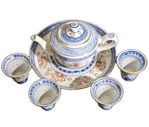 Vintage Tienshan Saki Set Teekanne Tablett Reisdrache blau rot Porzellan Service für 4 - Bild 1 von 11