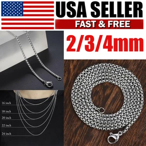 Round Box Link Chain Necklace Stainless Steel 18-24 inches for Men Women 2/3/4mm - Picture 1 of 6