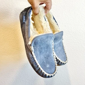 LL Bean Wicked Good Venetian Slippers Blue Suede Shearling Lined Women’s 8 Cozy - Picture 1 of 10