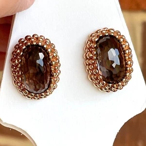 Oval Smoky Quartz set in Gold over 925 Sterling silver Earrings - Picture 1 of 5