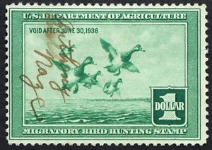 U.S. Used Stamp Scott #RW4 1937 $1 Federal Duck Hunting, Fine. Scott: $65.00 - Picture 1 of 2