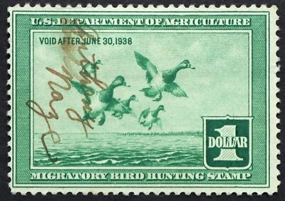 U.S. Used Stamp Scott #RW4 1937 $1 Federal Duck Hunting, Fine. Scott: $65.00 - Image 1 of 2