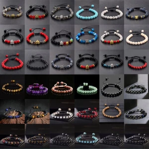 Men Black Natural Lava Stone Owl Lion Beaded Cuff Charm Bangle Bracelets Gift - Picture 1 of 62