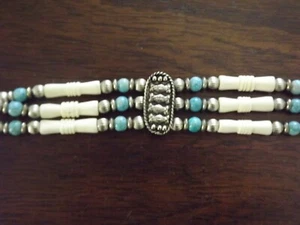Native American Indian Silver Blue Turquoise Beads Buffalo Bone Choker Necklace - Picture 1 of 2