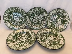 Vintage Lot 5 GREEN & WHITE Enamel METAL SPLATTERWARE Small Soup Bowls 8.75” - Picture 1 of 3