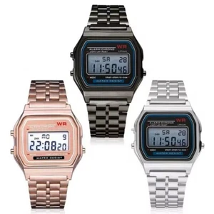 Alarm Watch Retro Digital Vintage Style 70's 80's LED Black Steel Rose Gold New - Picture 1 of 12