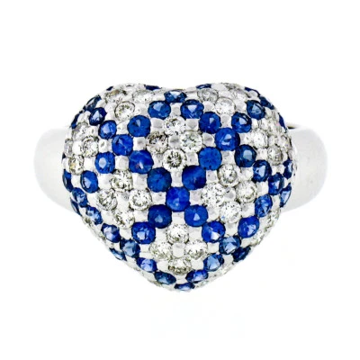 18K White Gold 1.95ctw Pavé Sapphire & Diamond Puffed Domed Heart Cluster Ring - Image 1 of 4