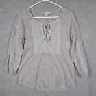 Lucky Brand Women's Small Peasant Blouse Tassle Tie Embroidered Grey