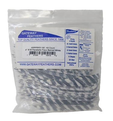 100 Pack Gateway Feathers 4" Right Wing: Parabolic Faux Barred White 400RPBWH - Image 1 of 3