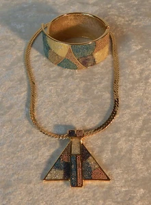 VTG DESIGNER SIGNED BLUE GOLD TURQUOISE BEADED NECKLACE & CUFF BRACELET SET - Picture 1 of 8