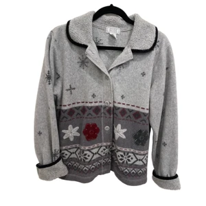 Jennifer Moore Fleece Long Sleeve Embroidered Applique Gray Button Jacket Size 8 - Picture 1 of 3