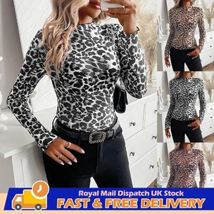 Women Leopard Print Tops Slim Fit Sexy See-through Clubwear Party T-Shirt Blouse - Picture 1 of 22