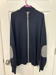 Orvis Wollpullover Herren Gr. L dunkelblau Full Zip Ellenbogenschützer Mock Neck eng Strick - Bild 1 von 7