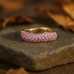Unique Studded Pink Sapphire Half Eternity Curve Wave Ring Solid 14K Yellow Gold - Picture 1 of 8