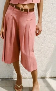 Zara Linen Belted Long Bermuda Shorts, Women Size Large, Coral Color - Picture 1 of 4