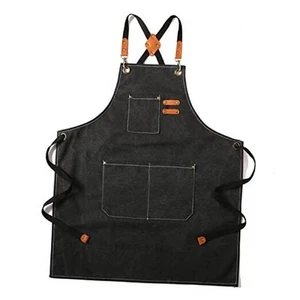 Canvas Cross Back Chef Cotton Aprons for Men Women with Large Pockets - Picture 1 of 8