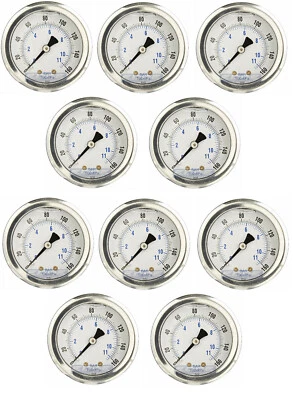 10 PACK LIQUID FILLED PRESSURE GAUGE 0-160 PSI, 2" FACE, 1/4" BACK MOUNT - Image 1 of 3
