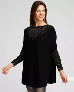 Chicos Sweater Poncho L XL Black Gold Beaded Rayon Nylon Cashmere Dressy $129 - Picture 1 of 13