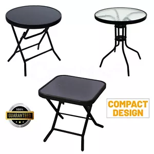 INDOOR OUTDOOR PORTABLE GARDEN PATIO BISTRO FOLDING GLASS TOP METAL TABLE - Picture 1 of 15