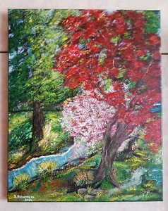 Original, Acrylbild, abstrakt, Landschaft, Baum, Leinwand Keilrahmen 40x50x1 cm - Bild 1 von 2
