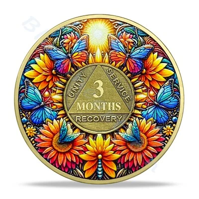 3 Month Sobriety Coin Sunflower AA Chips Medallions Recovery Sober Gifts for All - Image 1 of 4