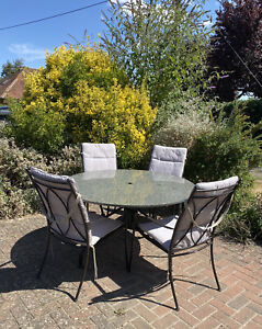 Neptune High End Garden Furniture -Granite Table, 4 Steel Chairs & 4 Cushions