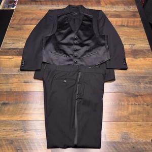 Jos A Bank Tuxedo Traveler Suit 43R Black Wool 37x31 Pants Formal 3 Piece Vest - Picture 1 of 24