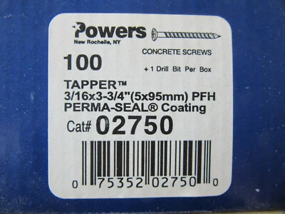 100 Powers 02750 Concrete Tapper Screws 3/16 X 3-3/4" Philips Flat Head With Bit - Image 1 of 2