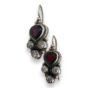 925 Silver Red Garnet CZ Earrings Drop Dangle Hook Vintage LA3499 - Picture 1 of 9