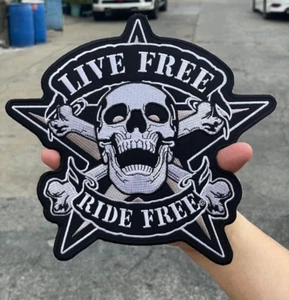 Skull Biker Live Free Ride Free Motorcycle Embroidered Iron-on Sew-on Patches - Picture 1 of 8