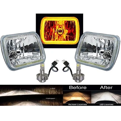 7X6" Amber COB LED Glass/Metal Headlight 6k LED Light Bulb Headlamp Pair - Image 1 of 4