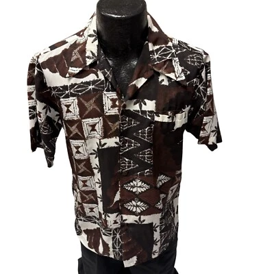 Camisa Hawaiana Tribal Geométrica Cuello Mariposa Marrón Descalzo Paraíso Años 70 De Colección Foto 1 de 4