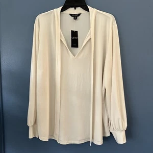 Lauren Ralph Lauren Pleated Jersey Tie-Neck Top Womens Ivory Size 2X - Picture 1 of 6