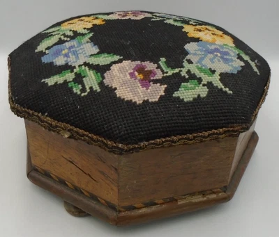 VINTAGE SMALL TAPESTRY FOOT STOOL SEWING BOX PROJECT NEEDS SOME WORK *READ* - Image 1 of 4